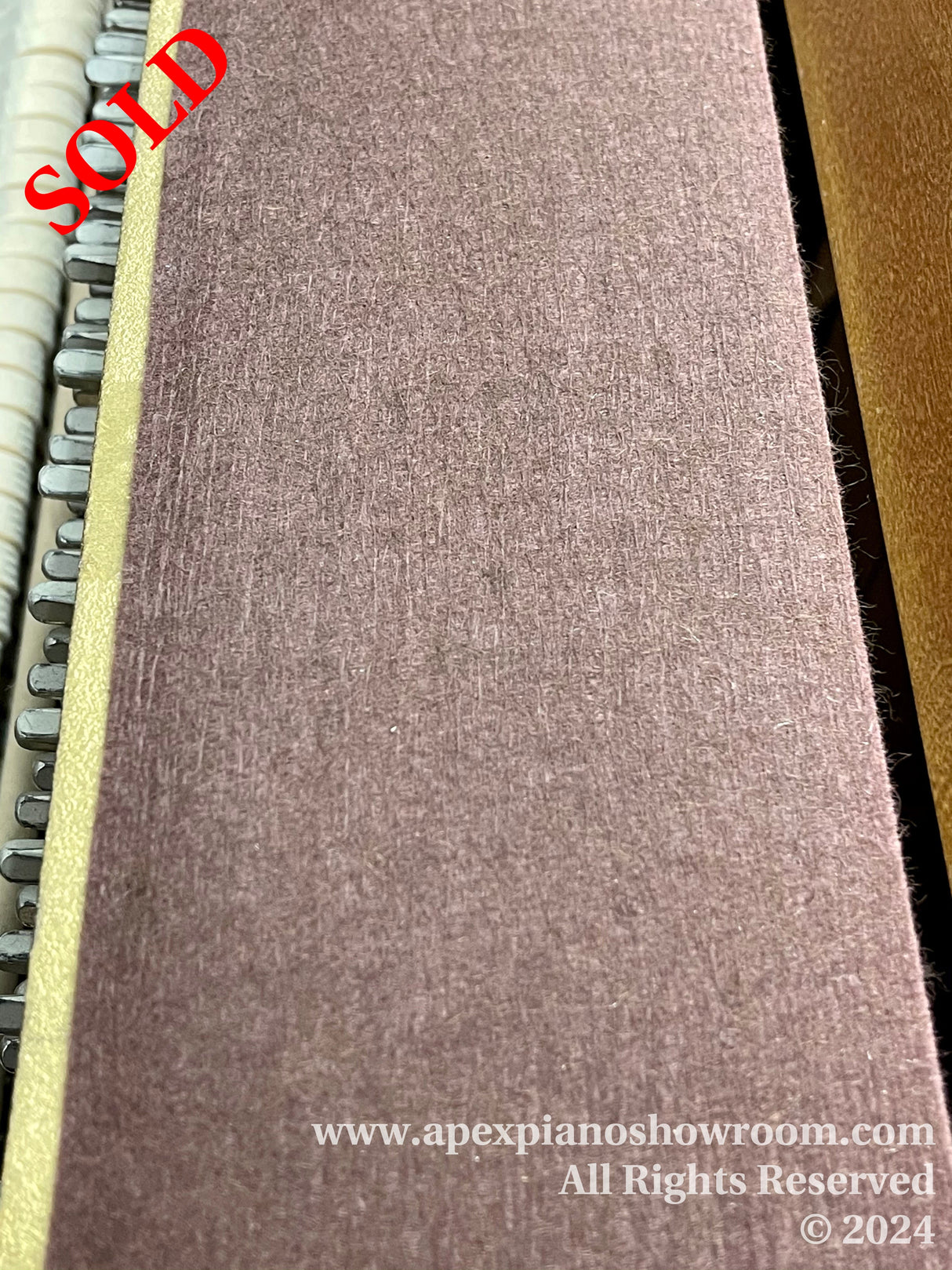 Close-up of a piano damper felt with a row of damper wires on the left side, showcasing the texture and condition typically found in piano maintenance and repair.