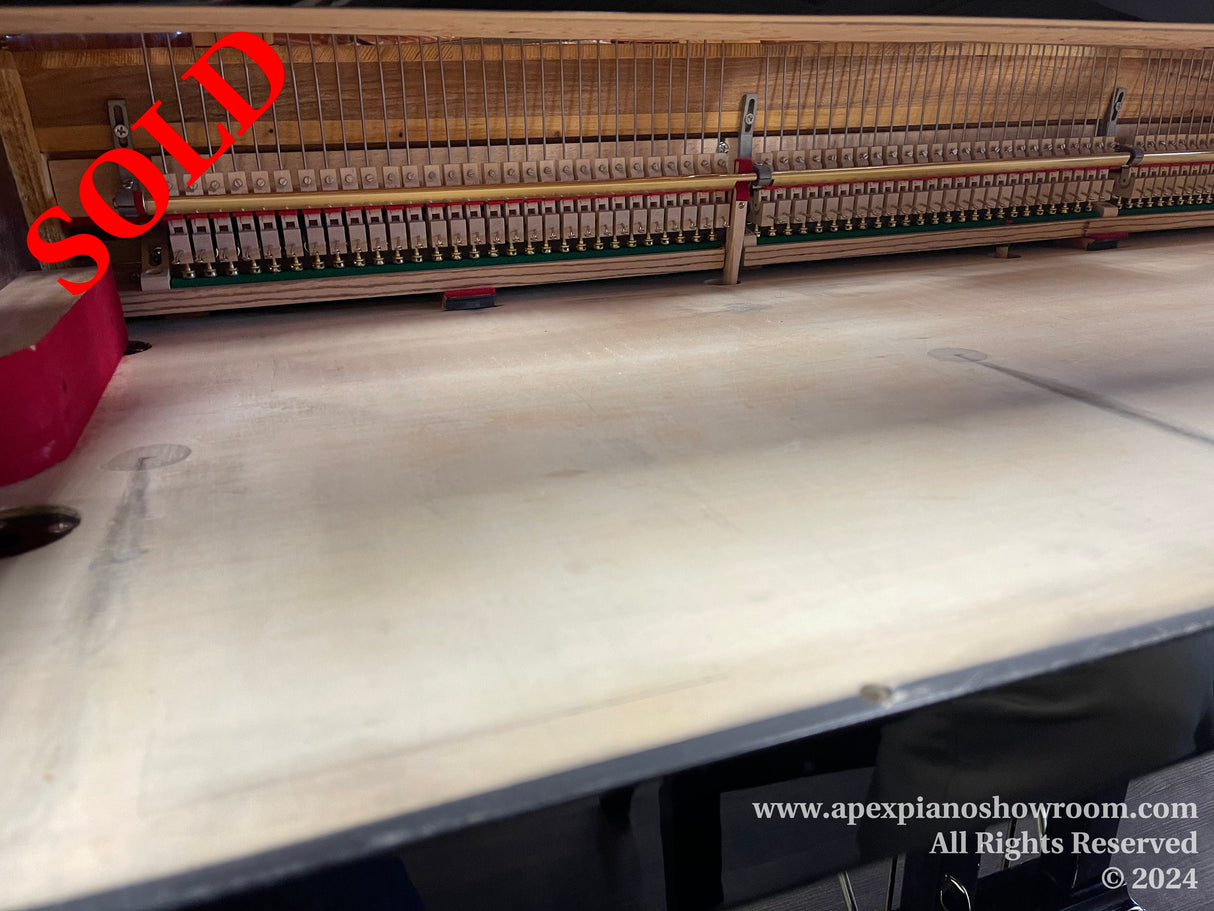 Interior view of a grand piano showing the intricate arrangement of strings and hammers, set against the wooden soundboard, indicative of piano craftsmanship.