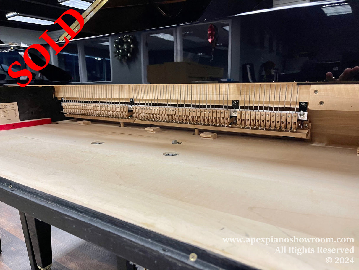 Interior view of a grand piano showcasing the hammers and strings, with a reflection of the room visible on the high-gloss finish of the pianos open lid.