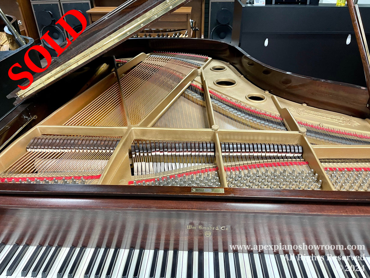 Interior view of a grand piano showing the strings, hammers, and the open lid, with the keyboard in the foreground.