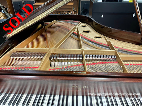 Interior view of a grand piano showing the strings, hammers, and the open lid, with the keyboard in the foreground.