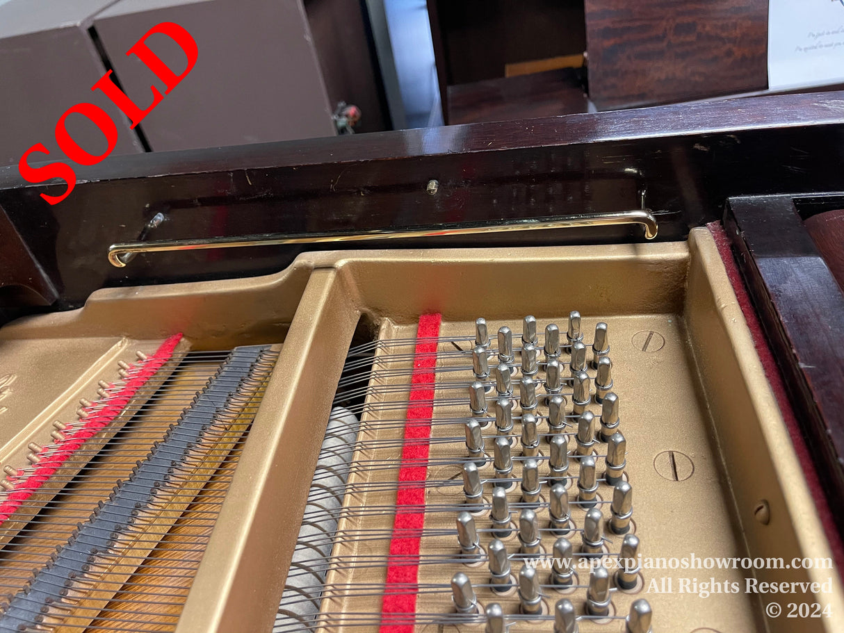 Close-up view of a grand pianos interior showing strings, hammers, and the gold-painted iron frame, with a portion of the wooden exterior and piano lid visible.