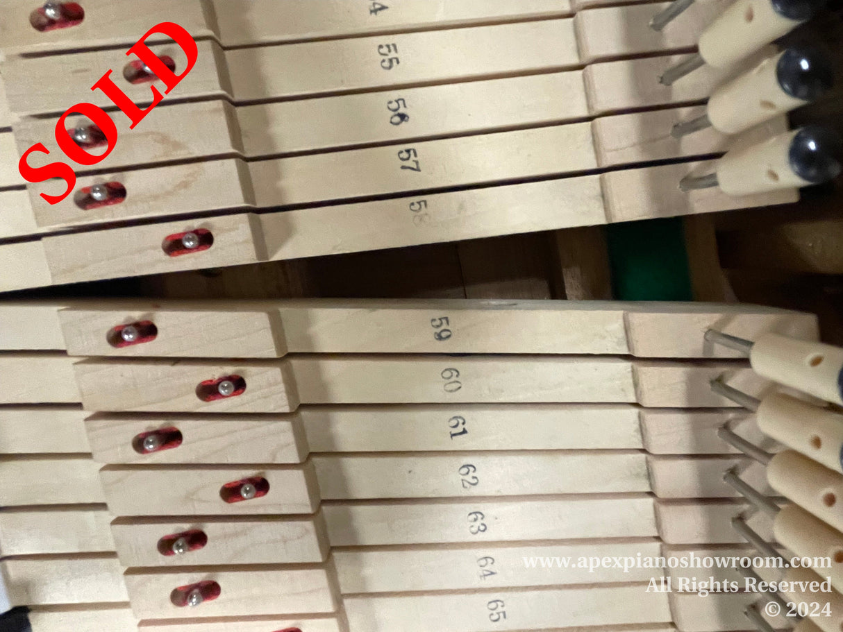 Close-up view of a set of piano hammers with numbered parts, indicating specific notes within a piano mechanism. Each hammer is equipped with a red felt pad on the striking surface, aligned neatly in a row.