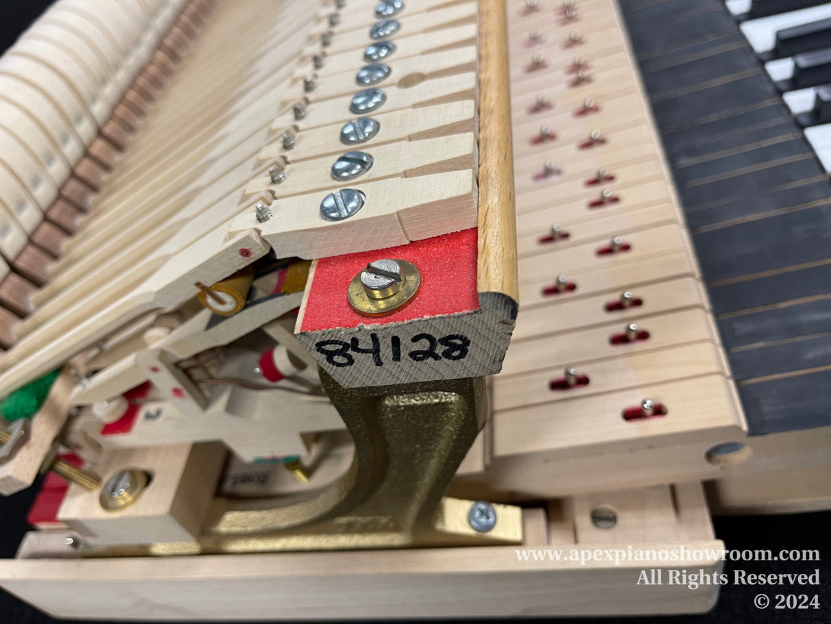 Close-up view of a grand piano action mechanism, showcasing hammers, dampers, and other internal components, highlighted by numbered action parts indicative of maintenance or regulation, set within the body of a piano with strings and keybed visible in the background.