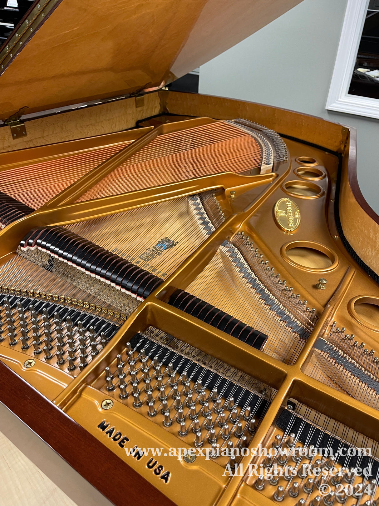 Interior view of a grand piano showcasing the golden cast iron plate, strings, and tuning pegs, with the pianos lid open, revealing the manufacturers emblem and Made in USA inscription.