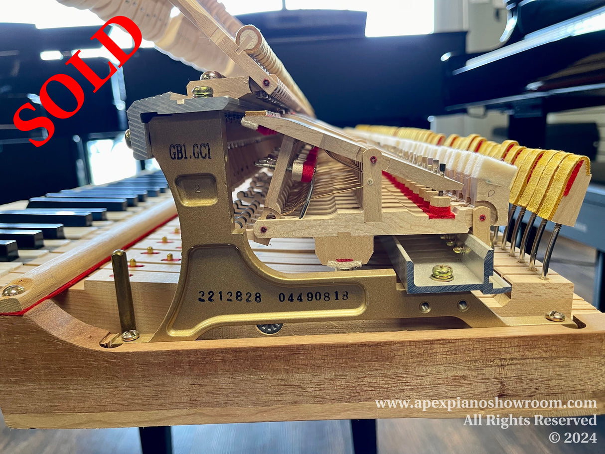 Close-up view of a grand piano action mechanism, highlighting the hammers, dampers, and strings inside a grand piano, with intricate engineering and craftsmanship visible.