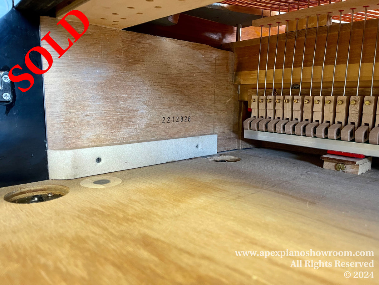 Interior of a piano showing hammers and strings, with visible serial number 2218282 on a wooden block, indicating its unique identification within the piano industry.