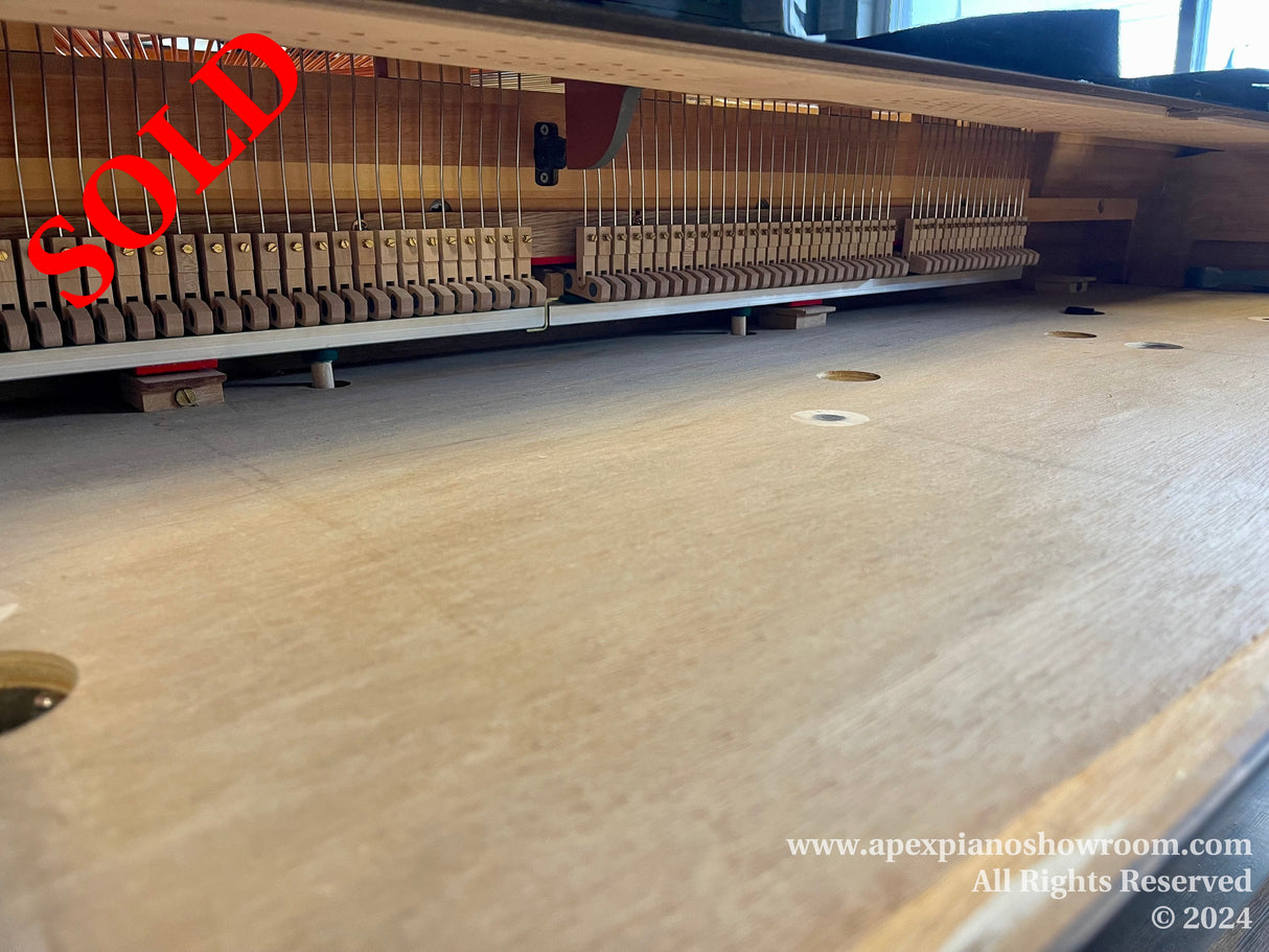 Interior view of a grand piano showing the action, hammers, and strings, with a focus on the mechanical parts that produce sound when keys are pressed.