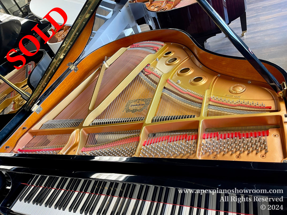 Grand piano with lid open, showcasing the interior strings and hammers, with a focus on the golden plate and tuning pins, set against a polished black exterior and white and black keys, in a well-lit showroom.