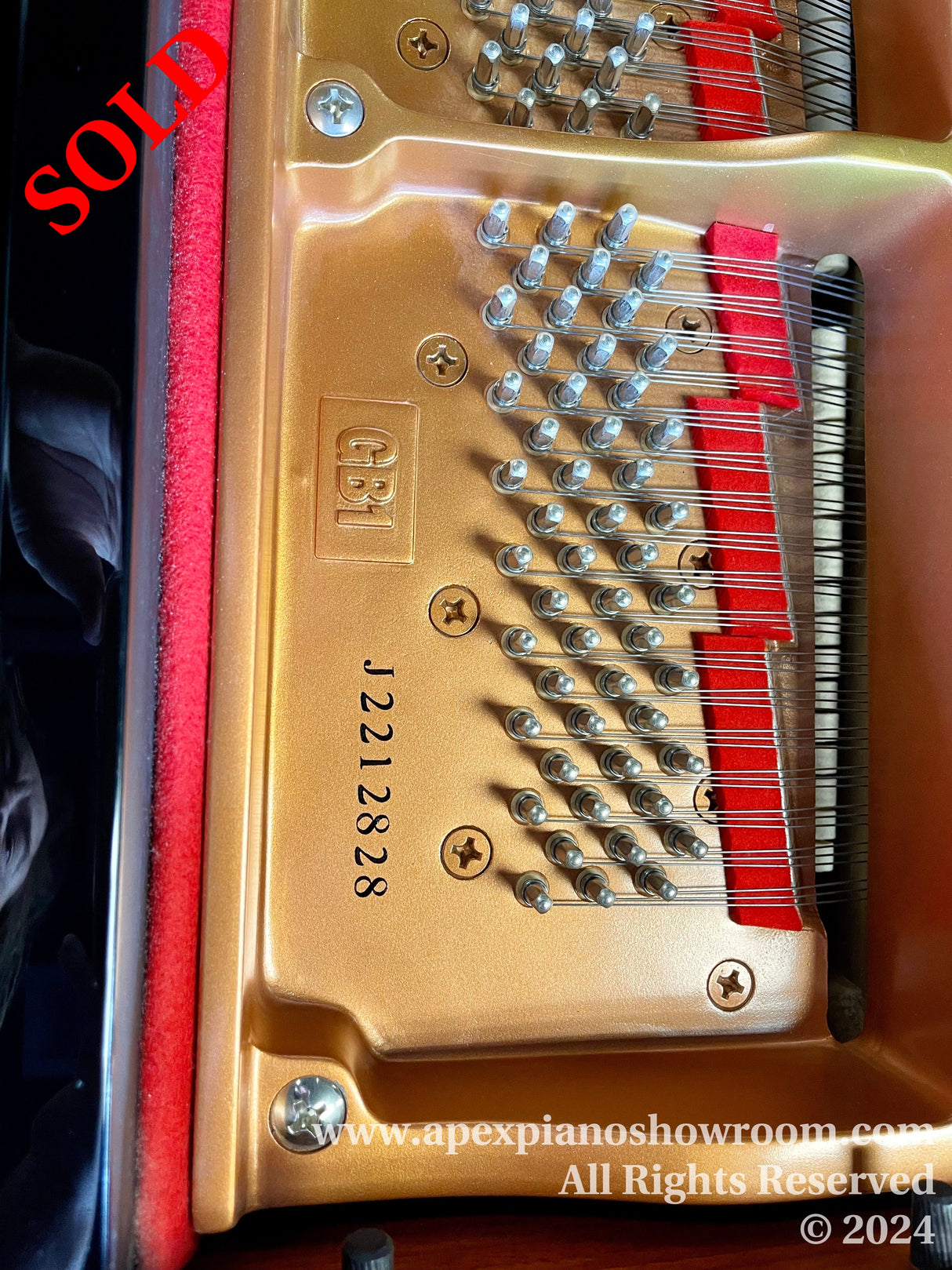 Interior view of a piano showcasing the golden cast iron plate, tuning pins, and strings.