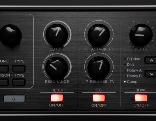 Close-up of synthesizer control panel with labeled knobs for cutoff, resonance, attack, and release, and buttons for filter and envelope generator, used in electronic music production similar to digital piano interfaces.