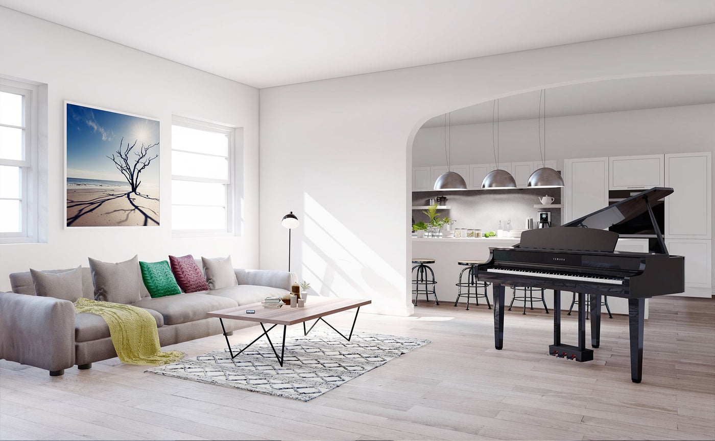 A modern living room furnished with a stylish grand piano set up for a private recital or practice session.
