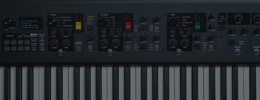 Close-up view of a digital piano's interface with various control knobs and settings for acoustic and electric piano tones including dials for reverb and delay effects.