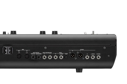 Rear panel of a digital piano with various input and output connections including MIDI, foot controller, and audio jacks.