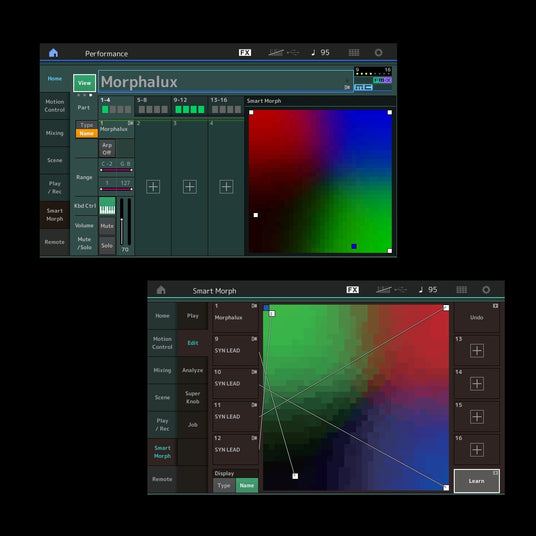 Screenshot of a digital synthesizer interface software showing a graph-based sound morphing tool, likely used for creating or editing tones in electronic piano or keyboard music production.