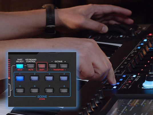 Person operating a synthesizer with various control buttons and a touch screen display, indicating aspects of modern piano technology.