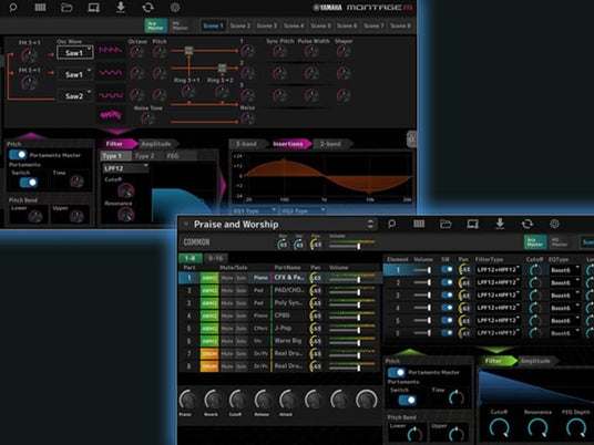 Digital piano synthesizer programming interface, showcasing various sound wave options and settings intended for praise and worship music production.