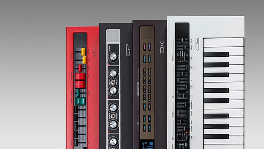 Assortment of modern digital synthesizers and piano keyboards, showcasing their various designs and key layouts, used for creating a wide range of piano and synth sounds.