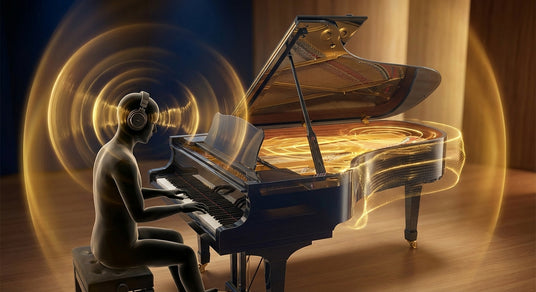 Illustration of a silhouette of a person with headphones playing a grand piano with stylized sound waves emanating from it against a yellow background.