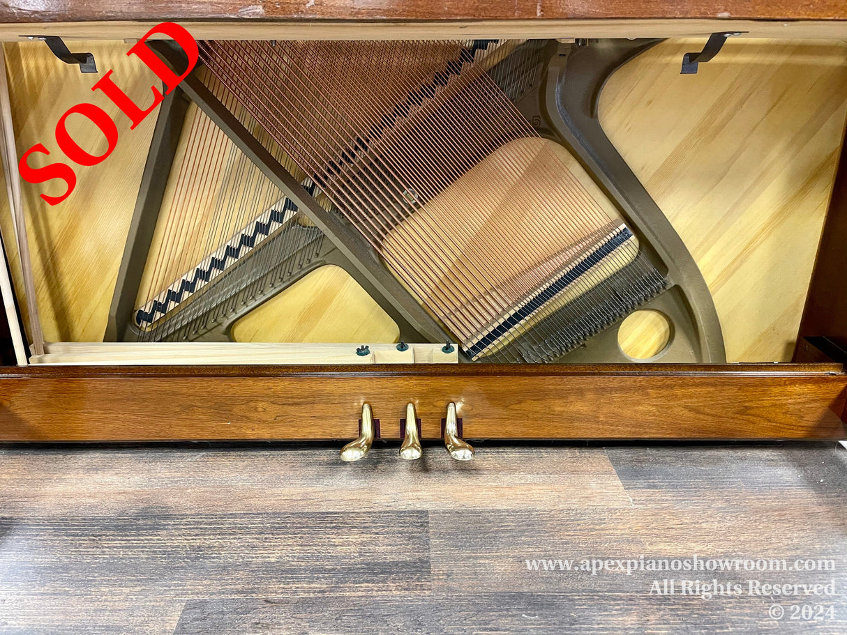 Interior view of a grand piano showing strings and hammers, with piano lid propped open, displayed in a showroom.