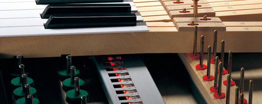 Close-up view of a piano's internal mechanism with hammers, strings, and dampers, showcasing the intricacy of piano construction and engineering.