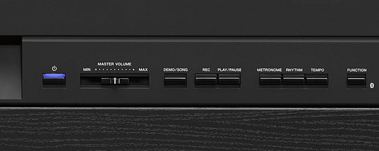 Close-up of a digital piano's control panel with buttons for power, master volume, demo/song, record, play/pause, metronome, rhythm, tempo, and function.