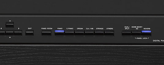 Close-up of a digital piano's control panel with various sound selection buttons like Piano, E. Piano, Organ, Strings, and features like Dual/Split, Sound Boost, EQ, and Reverb.