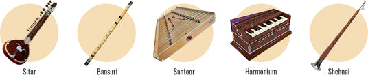 A collage of various traditional Indian musical instruments, including a sitar, bansuri, santoor, harmonium, and shehnai, each labeled with their respective names.